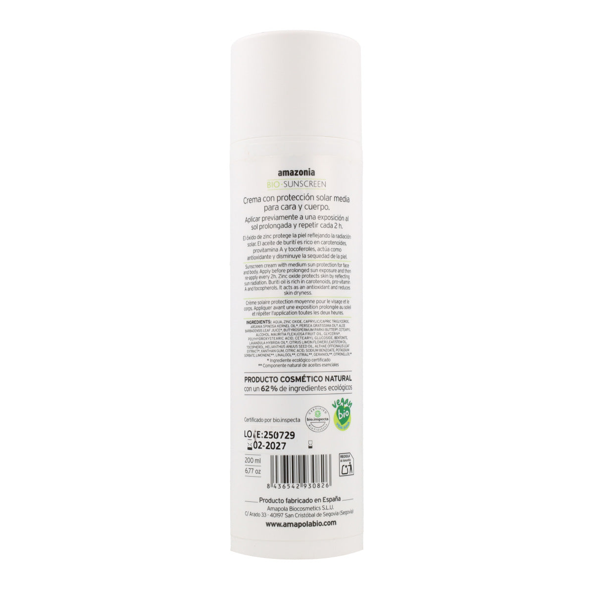 Protector solar corporal SPF 25 Amazonia Amapola 200 ml