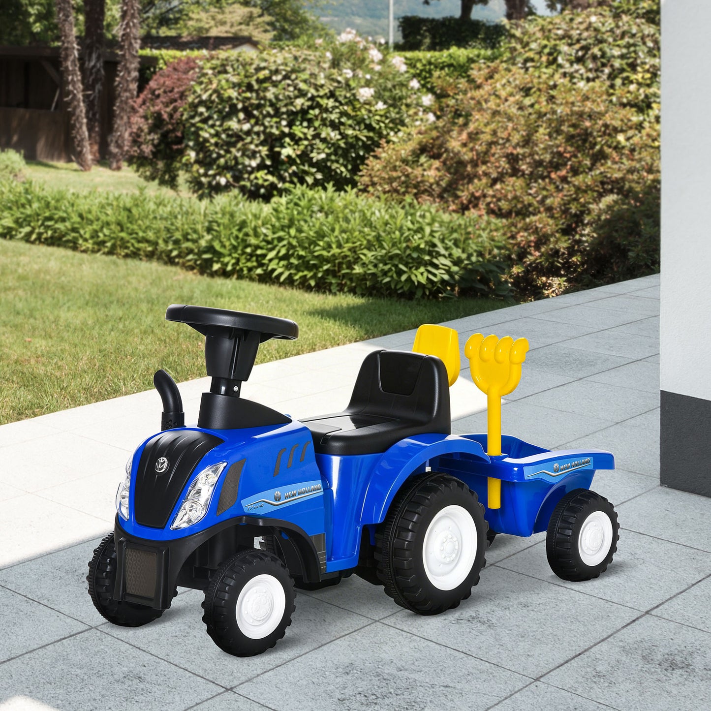 Homcom Tractor Con Remolque Para Niños 12-36 Meses Con Faros Pala Y Rastrillo_1