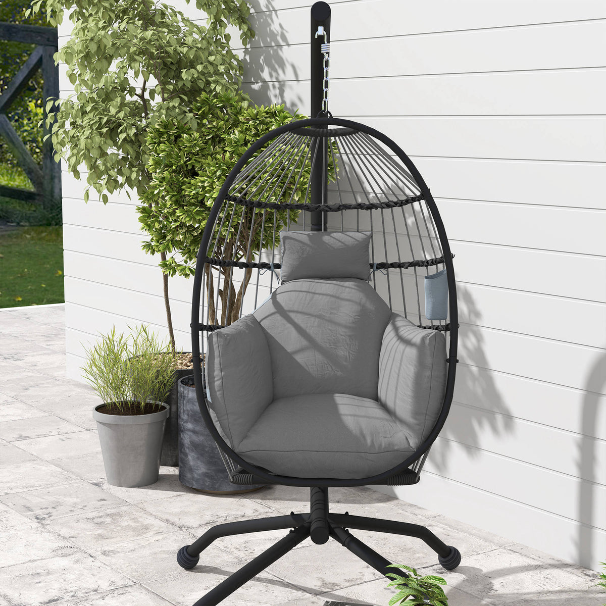 Outsunny Silla Colgante Huevo Con Soporte Cesta Plegable Cojín Carga 120kg Gris_1