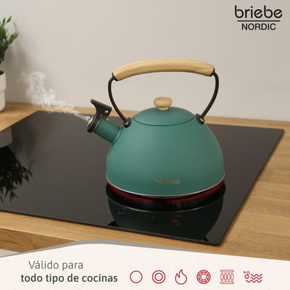 Briebe Tetera Con Silbato, Hervidor De Agua 2,3l, Inducción, Acero Inox, Vintage, Mango Madera, Nordic, Verde_2