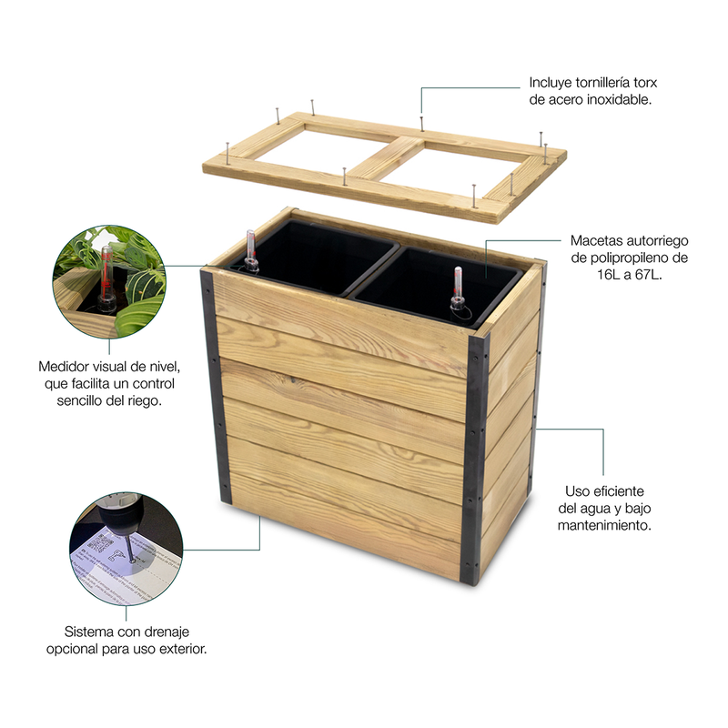 Jardinera Con Autorriego De Madera Nidum Interior Y Exterior Hortalia 75x40x80 Cm_3