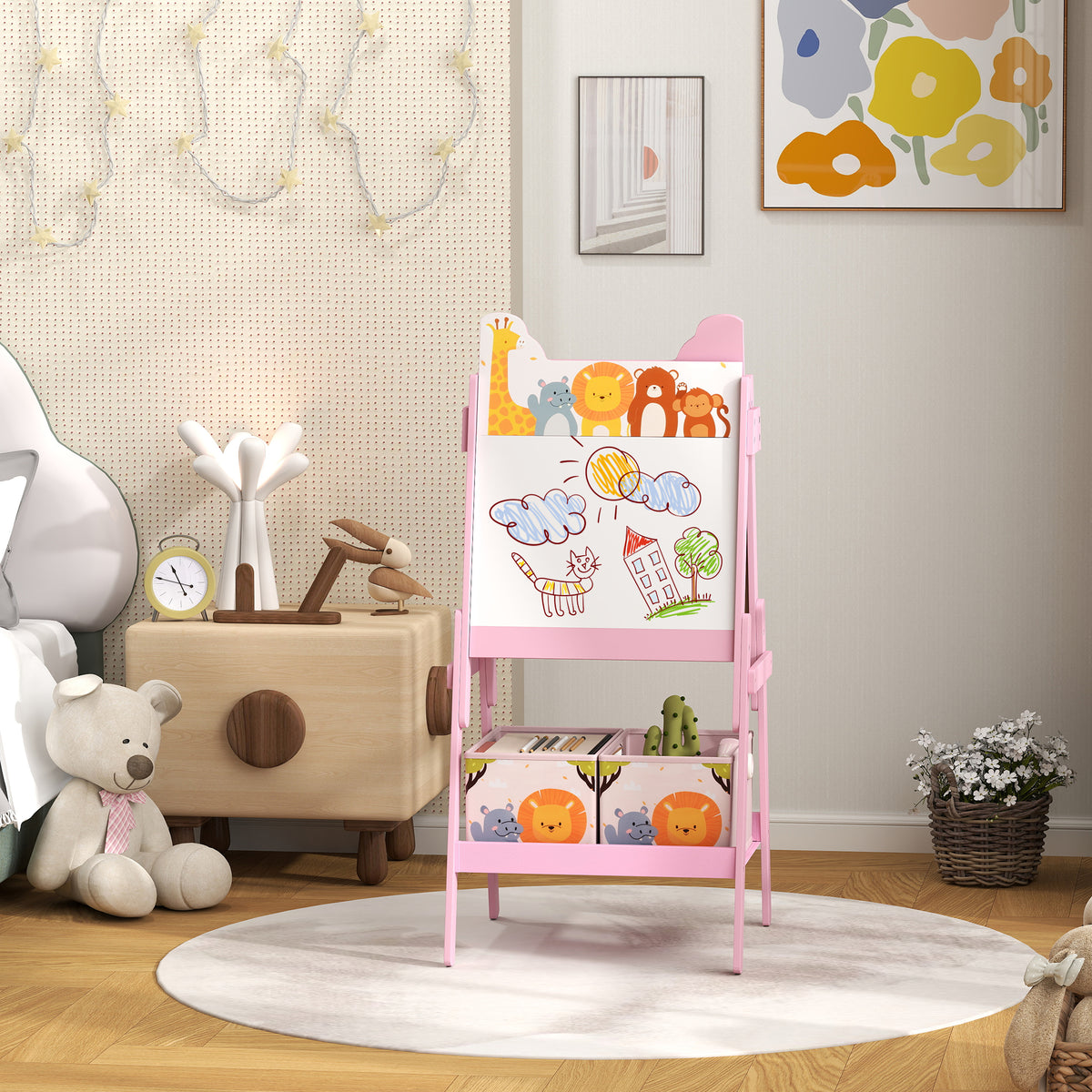 Aiyaplay Pizarra Infantil Caballete 2 En 1 Con 2 Cajas De Tela Rosa_1