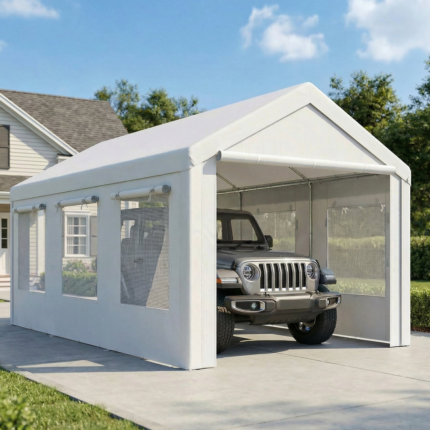 Outsunny Carpa Garaje 3x6 M Impermeable Con Puerta Enrollable Y Ventanas Blanco_1