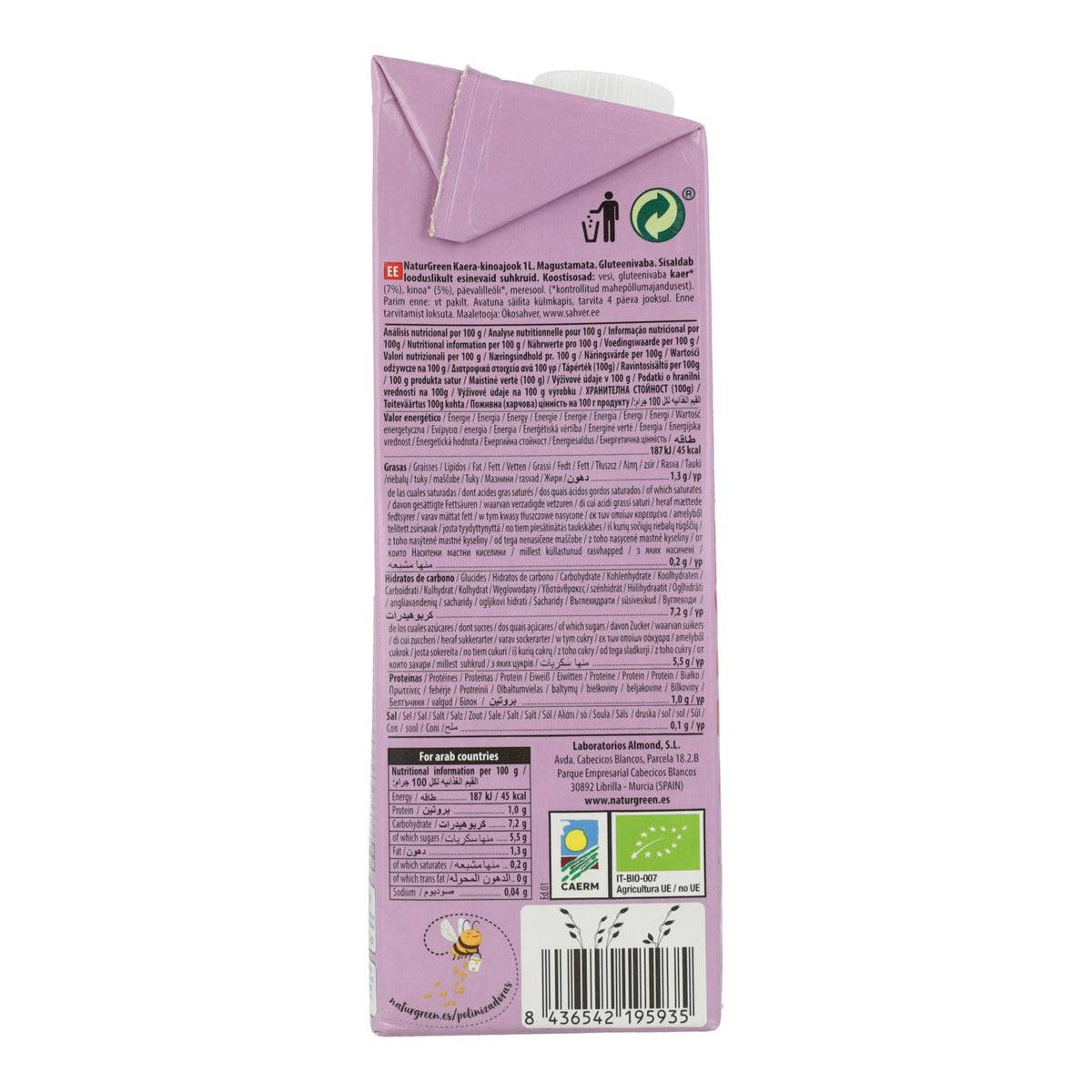 Pack 6 uds Bebida de Avena y Quinoa Bio Sin Gluten NaturGreen 1 L