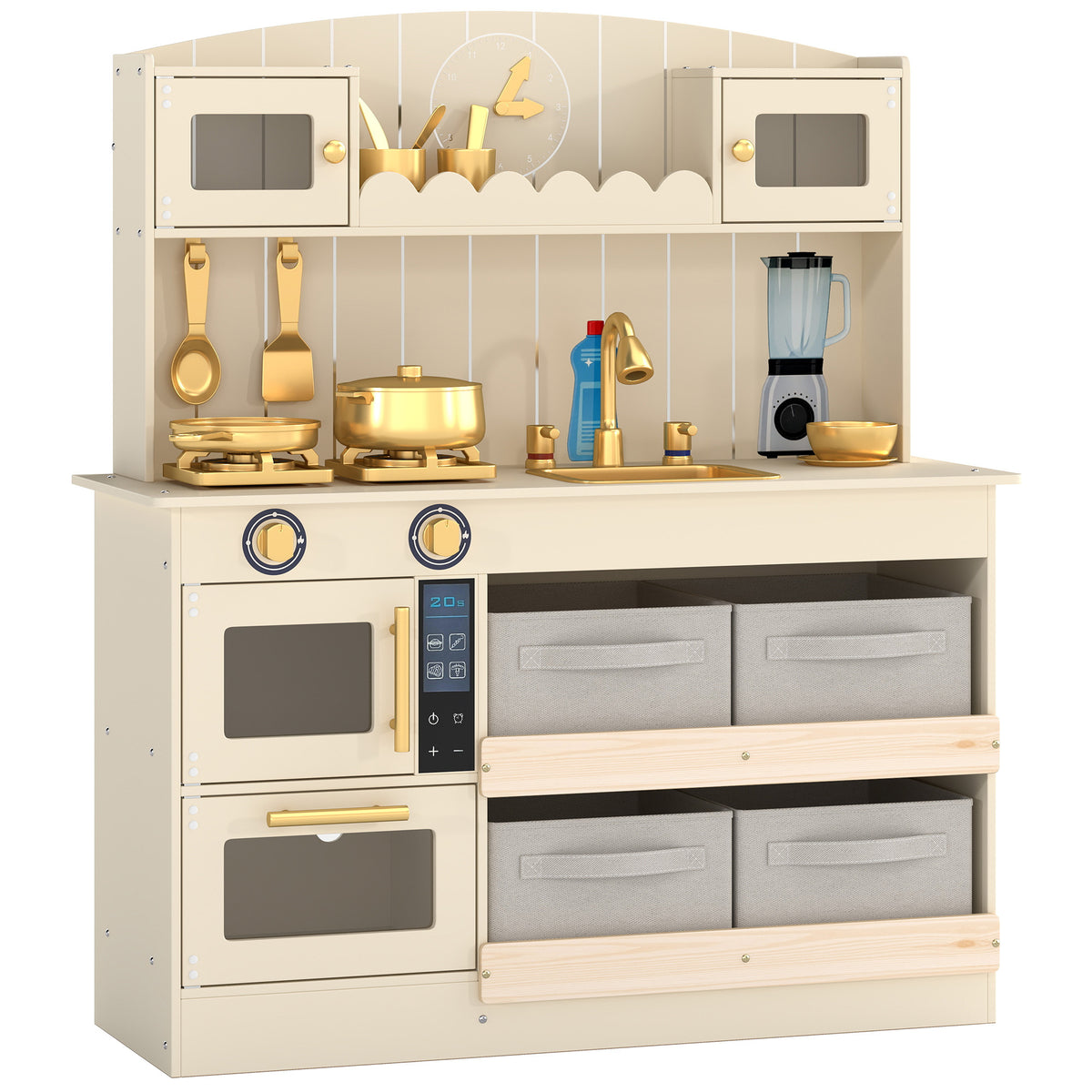 Aiyaplay Cocina De Juguete De Madera Con Luces Y Sonidos 4 Cestas De Tela Crema_0