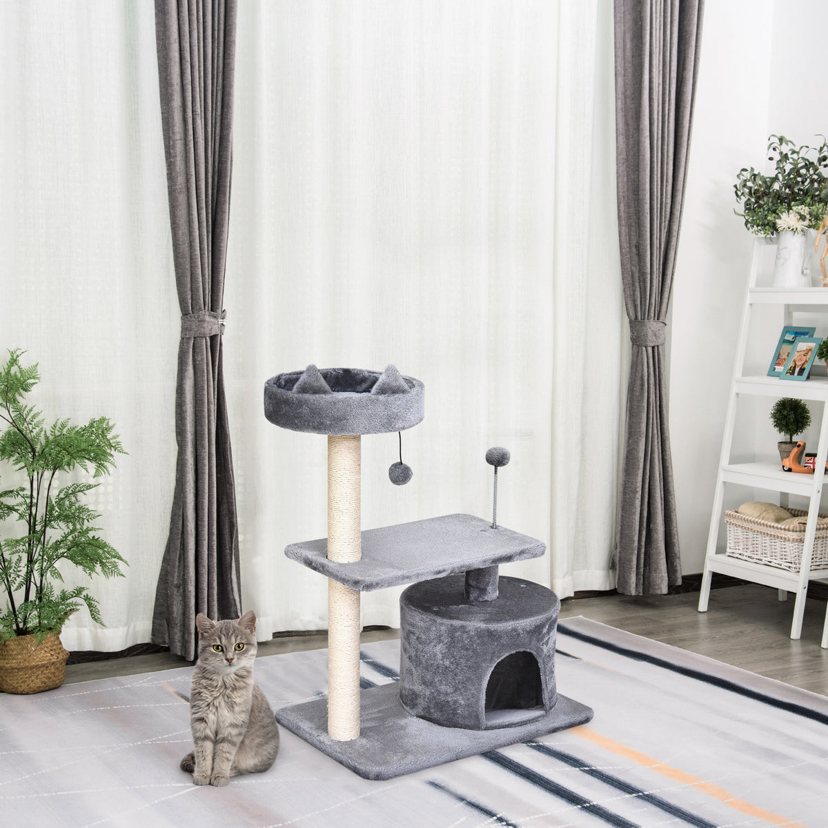Árbol Rascador Para Gatos Con Cama Plataforma Refugio Poste 60x40x81 Cm Gris_1