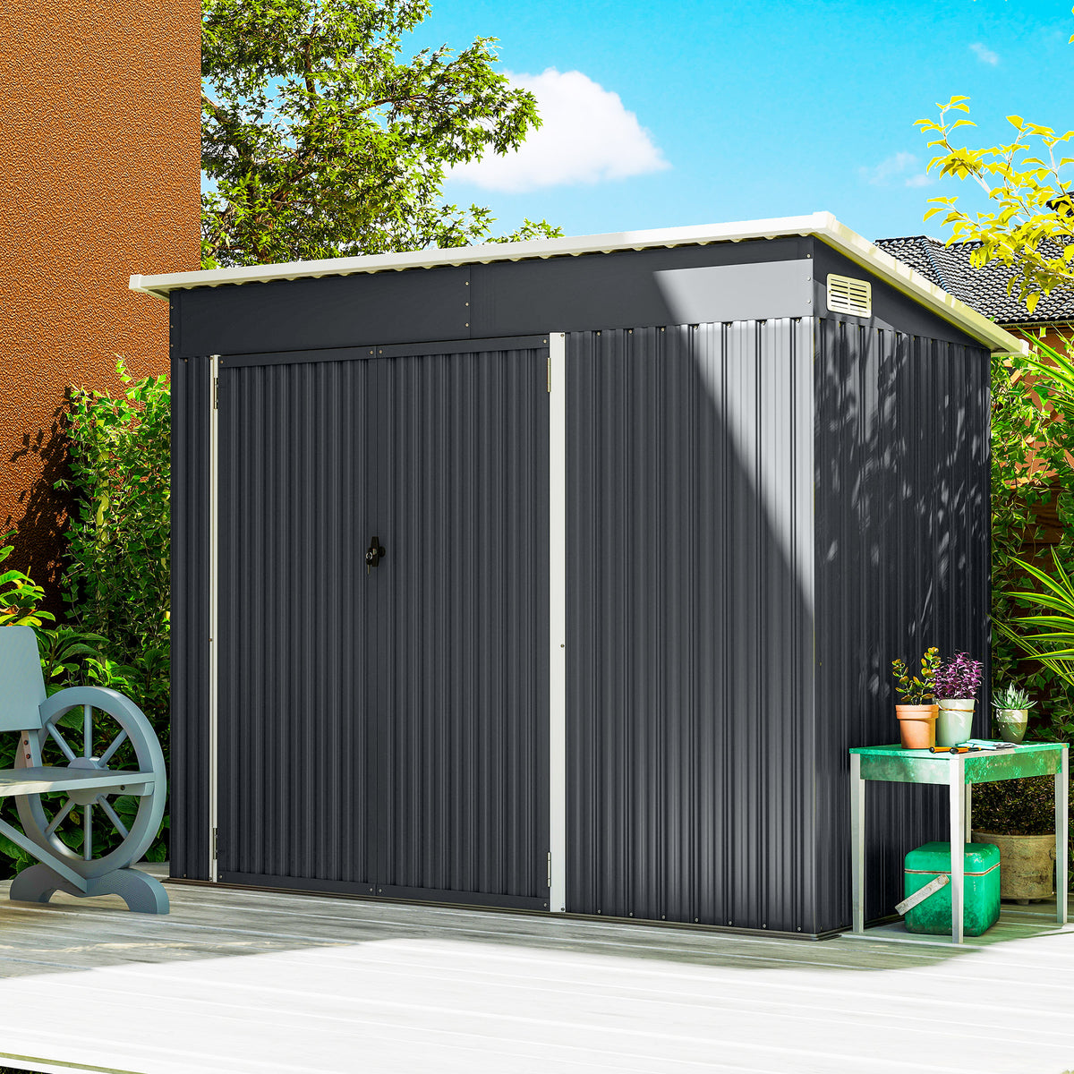 Outsunny Caseta De Jardín Exterior 2,7 M² 234x132x185 Cm Triple Puerta Gris_4