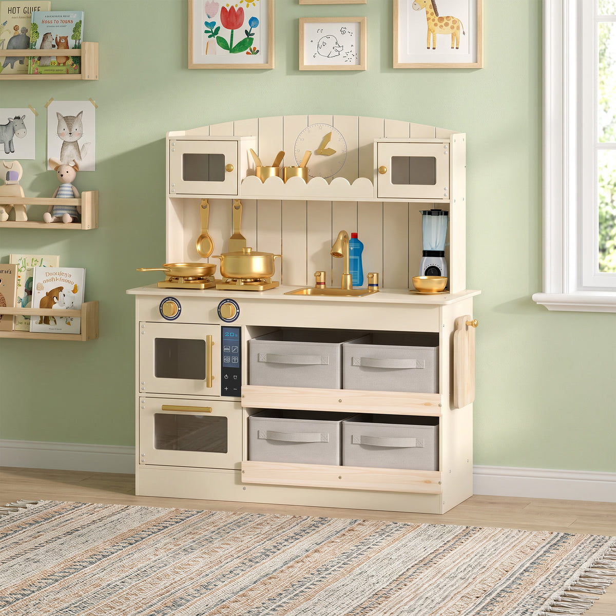 Aiyaplay Cocina De Juguete De Madera Con Luces Y Sonidos 4 Cestas De Tela Crema_1