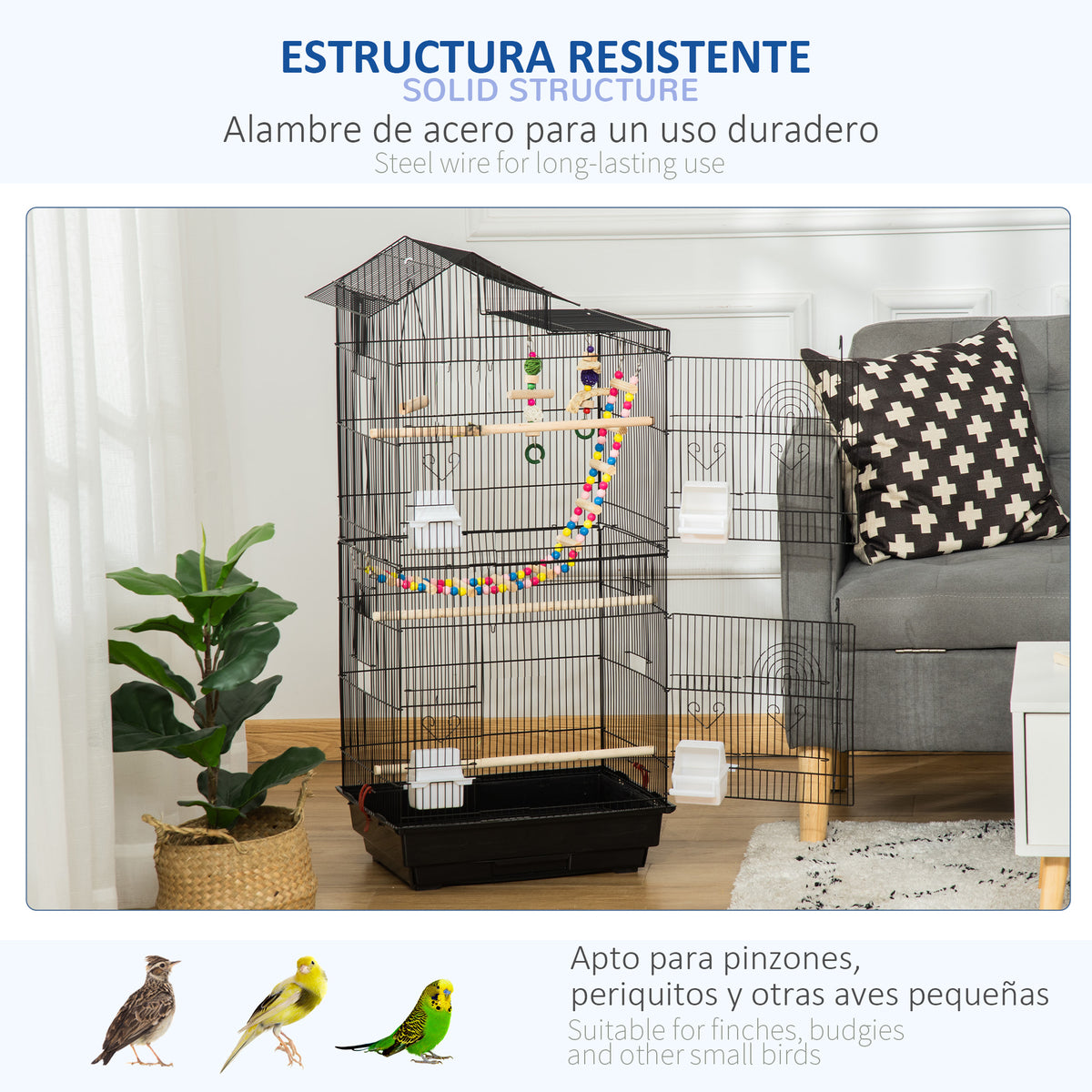 Pawhut Jaula Para Pájaros Con Múltiples Puertas 4 Comederos Columpio 46x36x100cm_5