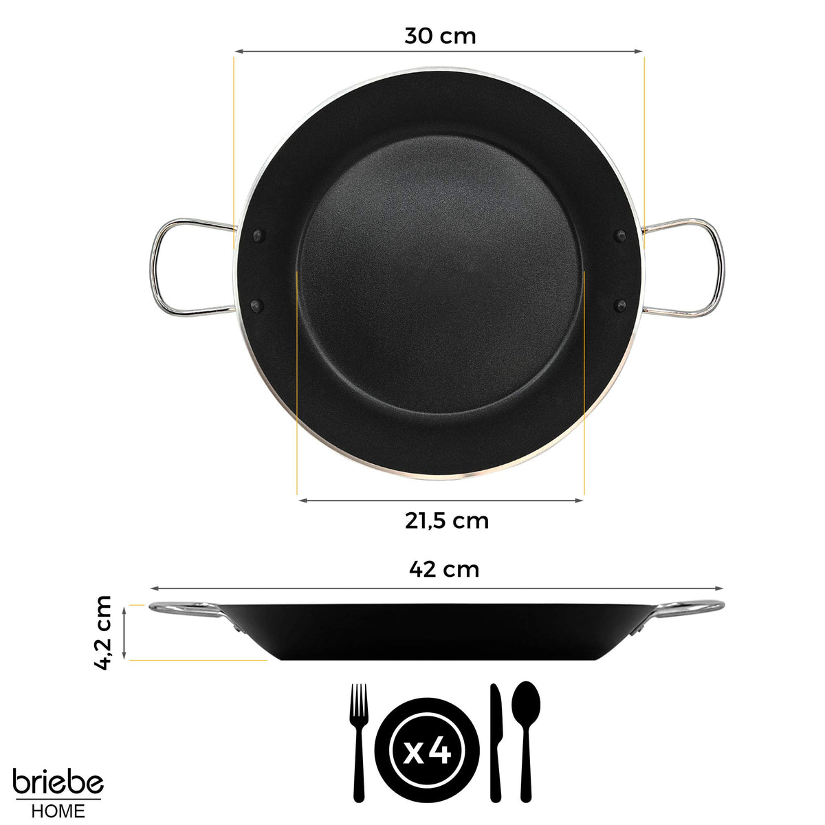 Briebe Paellera Inducción 30cm, 4 Raciones, Aluminio Prensado, Antiadherente Sin Pfoa, 3mm Espesor, Zafrán, Negro_5