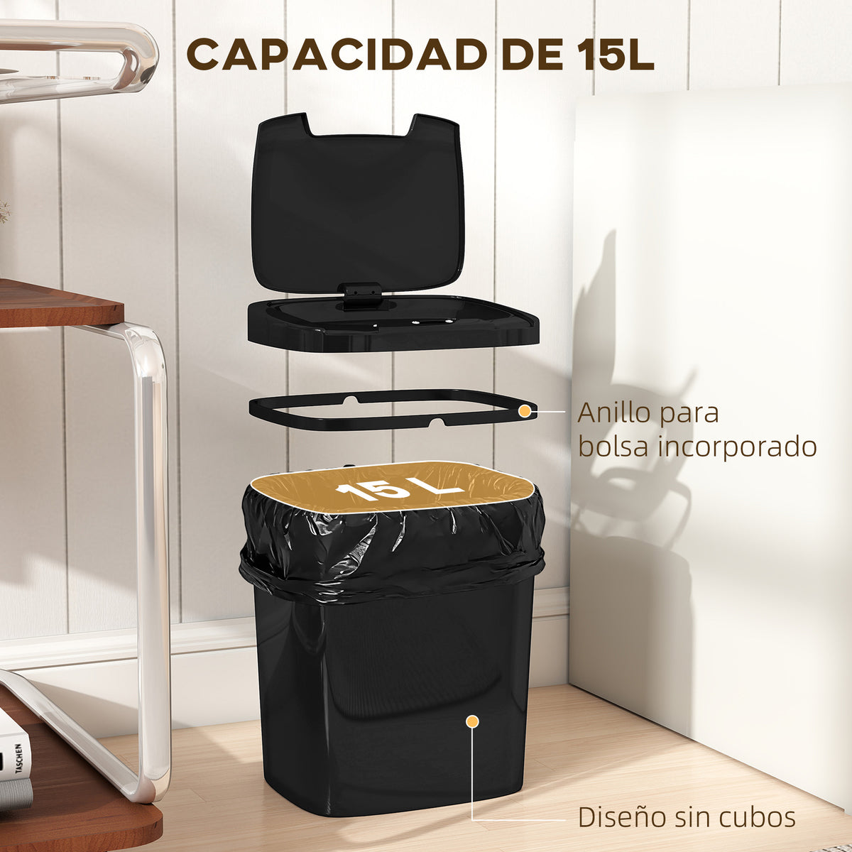 Balde De Lixo Automático Homcom Pp, Abs Preto 27.6x21.4x33.5 Cm_5