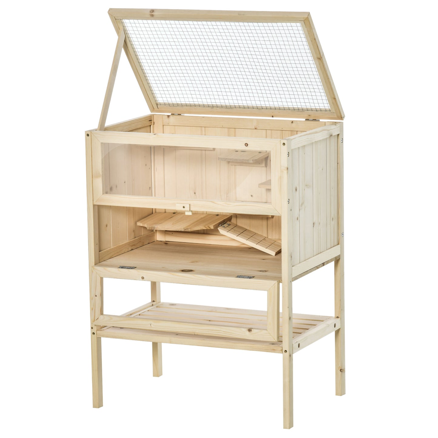 Pawhut Jaula De Madera Para Hámster Con Rampa Techo Abatible Estante Inferior_3