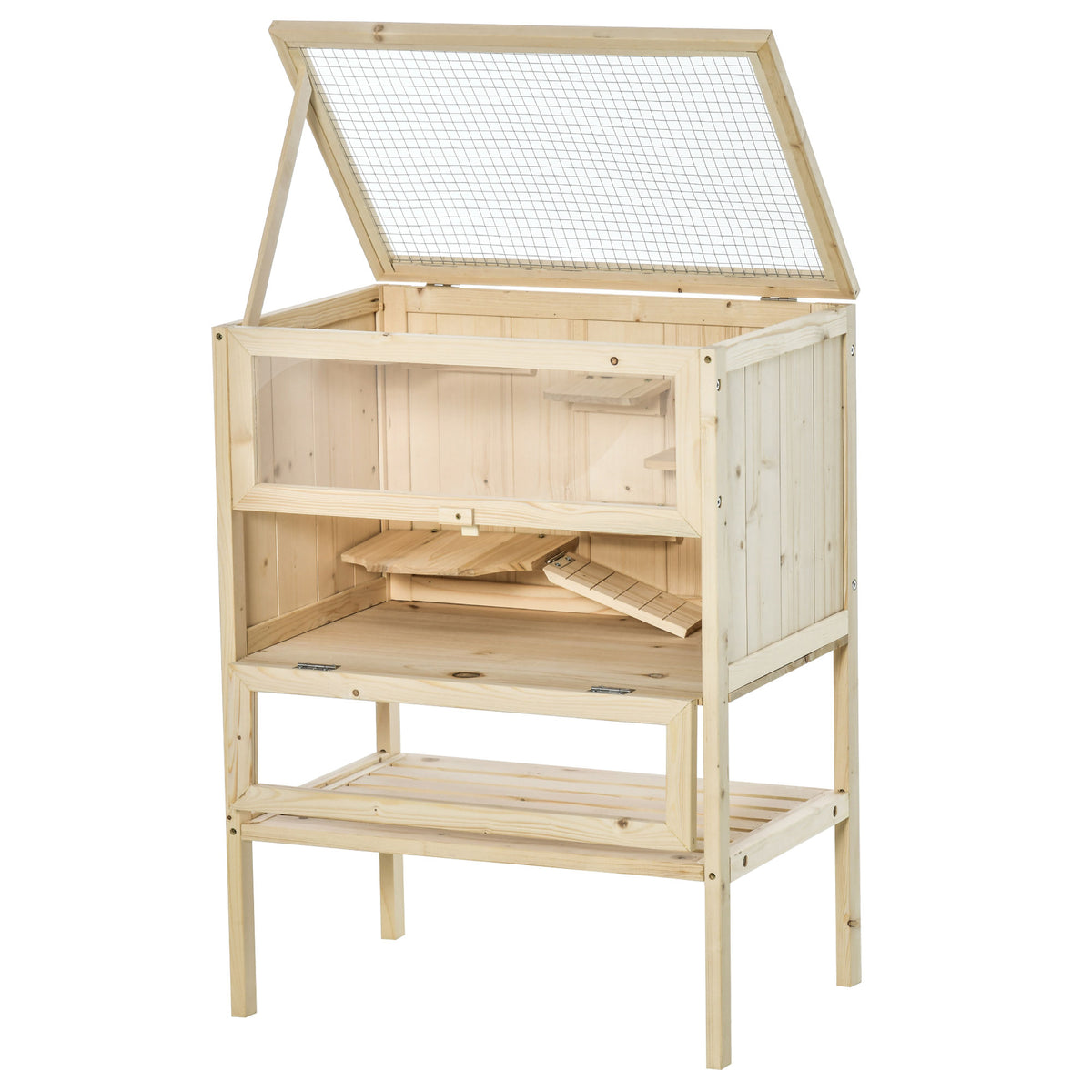 Pawhut Jaula De Madera Para Hámster Con Rampa Techo Abatible Estante Inferior_3
