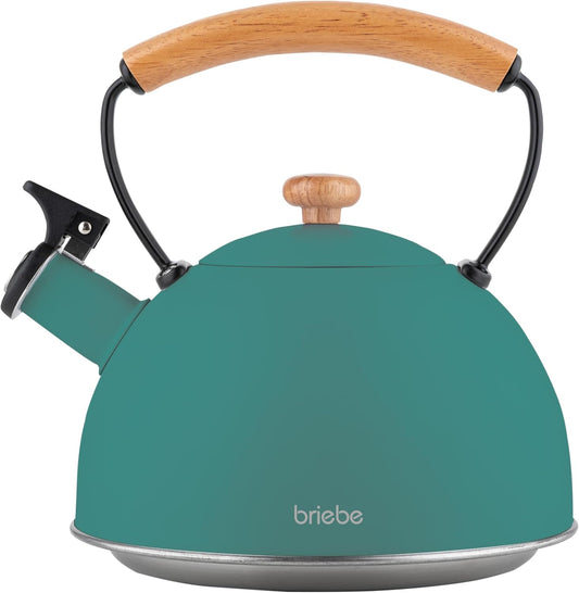 Briebe Tetera Con Silbato, Hervidor De Agua 2,3l, Inducción, Acero Inox, Vintage, Mango Madera, Nordic, Verde_0