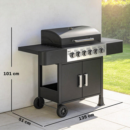 Outsunny Barbacoa De Gas Con 6 Quemadores 15 Kw Termómetro Mesas Laterales Negro_2