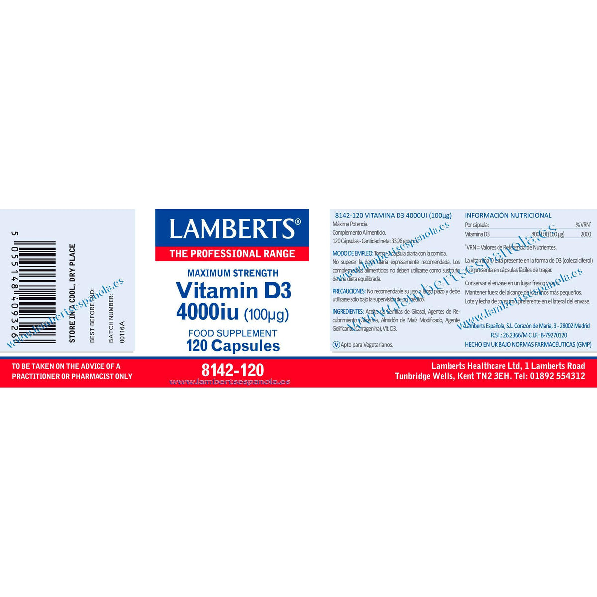 Pack 2x Vitamina D3 4000UI (100 µg) Lamberts, 120 cápsulas