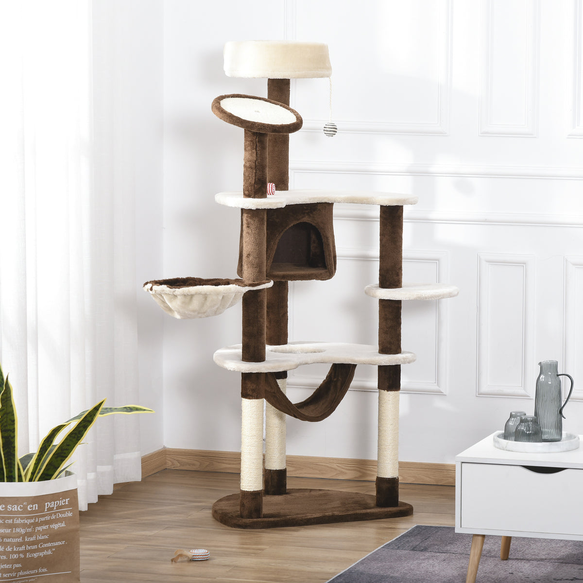 Pawhut Árbol Rascador Para Gatos Grande 65x50x153 Cm Con Hamaca Marrón_1