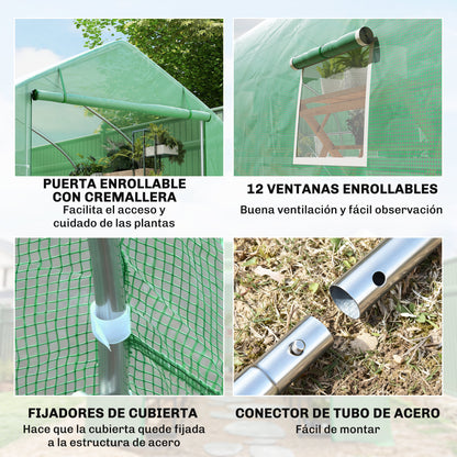 Invernadero De Túnel Jardín Con 12 Ventanas Outsunny 8x3x2m Verde_4