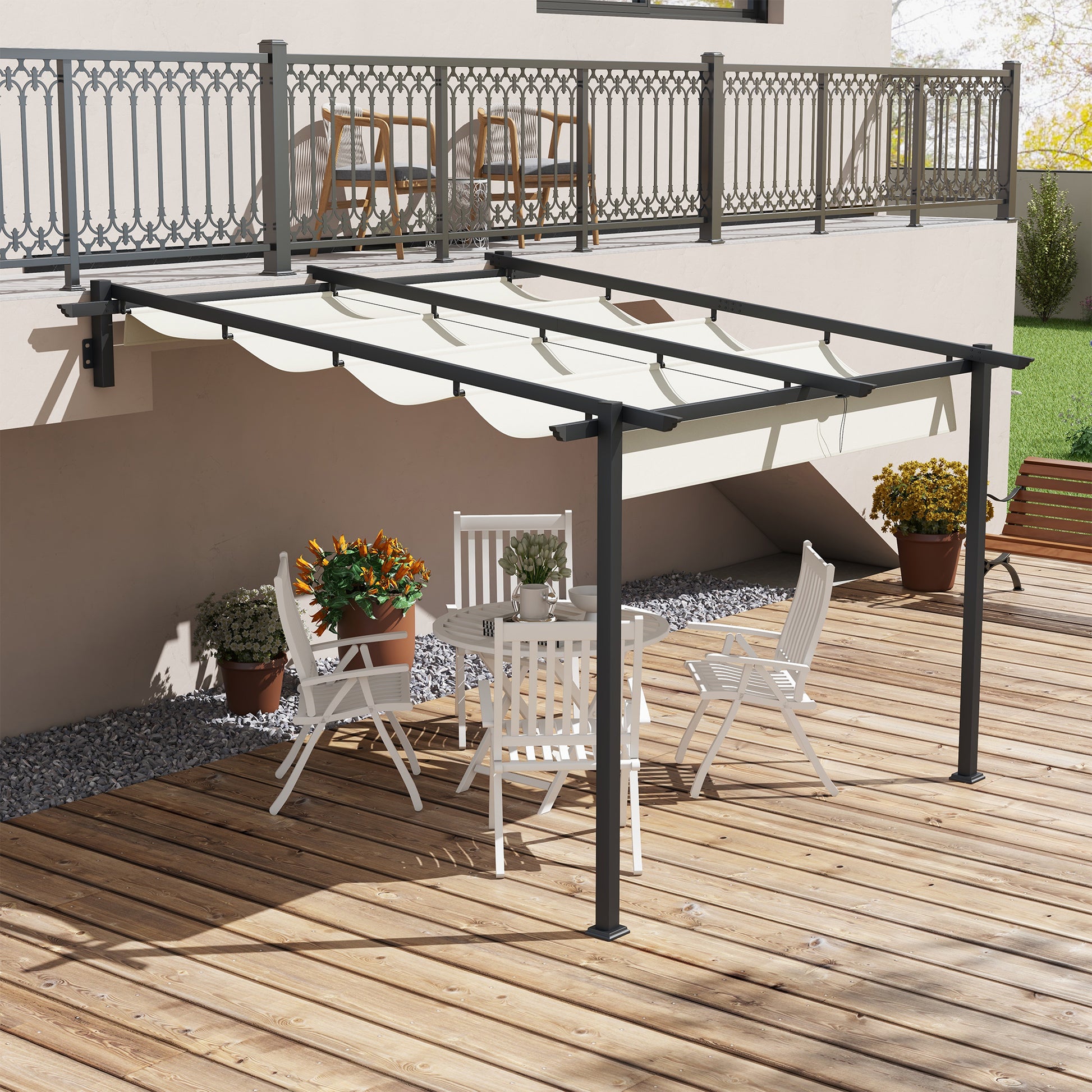 Outsunny Pérgola De Pared 3x3 M Con Techo Retráctil De Poliéster Crema Y Gris_1