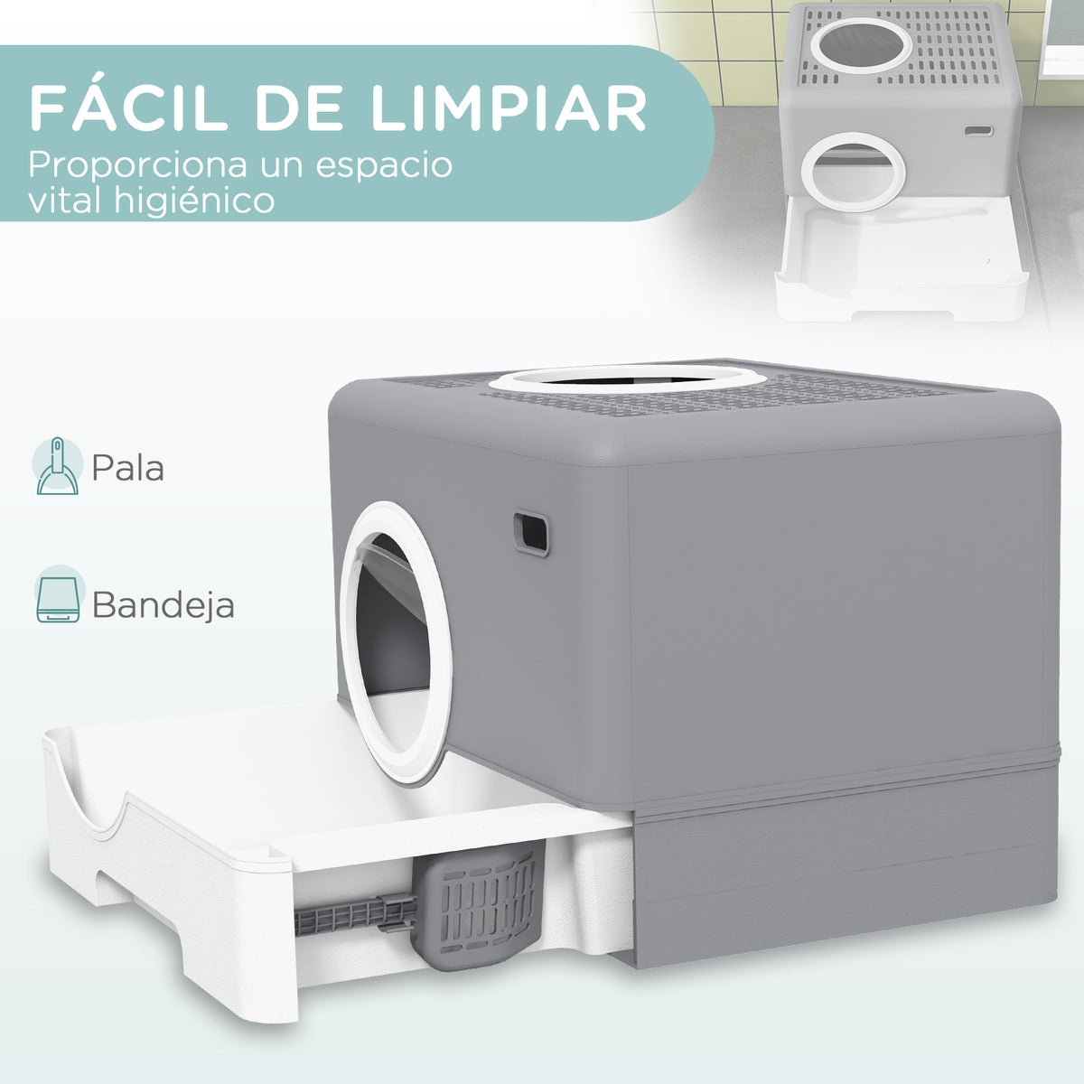 Pawhut Arenero Para Gatos Cubierto Con Bandeja Extraíble Puertas Pala Gris_3