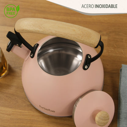 Briebe Tetera Con Silbato, Hervidor De Agua 2,3l, Inducción, Acero Inox, Vintage, Mango Madera, Pastel, Rosa_3