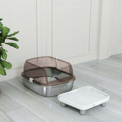 Pawhut Arenero Para Gatos Cubierto Con Bandeja De Acero Pala Y Peldaño Gris_1