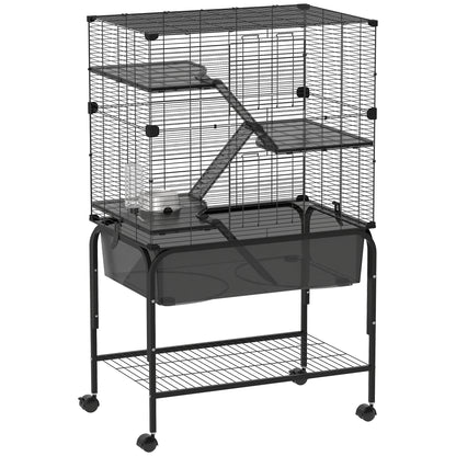 Pawhut Jaula Para Animales Pequeños De 4 Niveles Con Ruedas Bandeja Negro_0