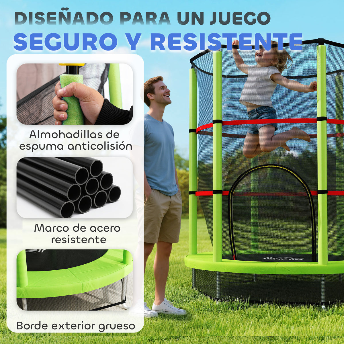 Cama Elástica Infantil Homcom Acero Verde 140x140x190 Cm_3
