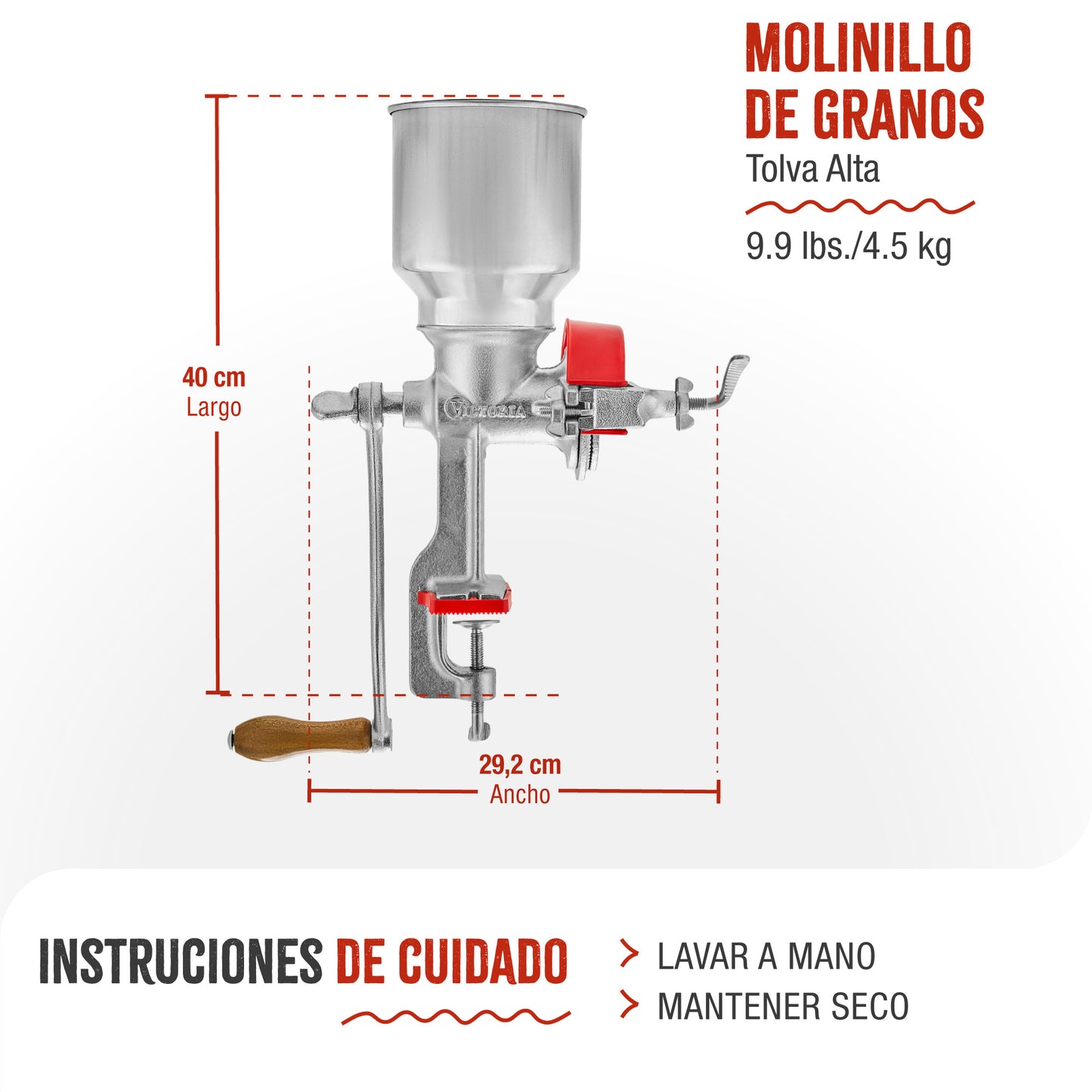 Victoria Molino Cereales Manual Hierro Fundido Para Moler Café, Maíz, Semillas, Grosor Ajustable, 30025, Cromado_3
