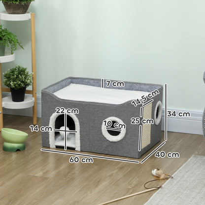 Pawhut Casa Para Gatos Plegable Con Rascador 3 Entradas 60x40x34 Cm Gris_2