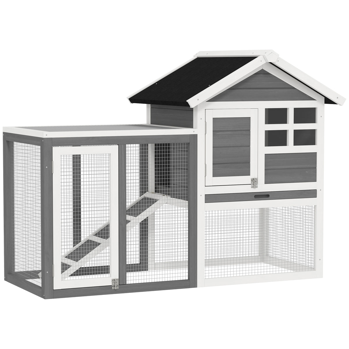 Pawhut Conejera De Madera Con Zona Abierta Y Rampa 123,5x62,6x92,5 Cm Gris_0