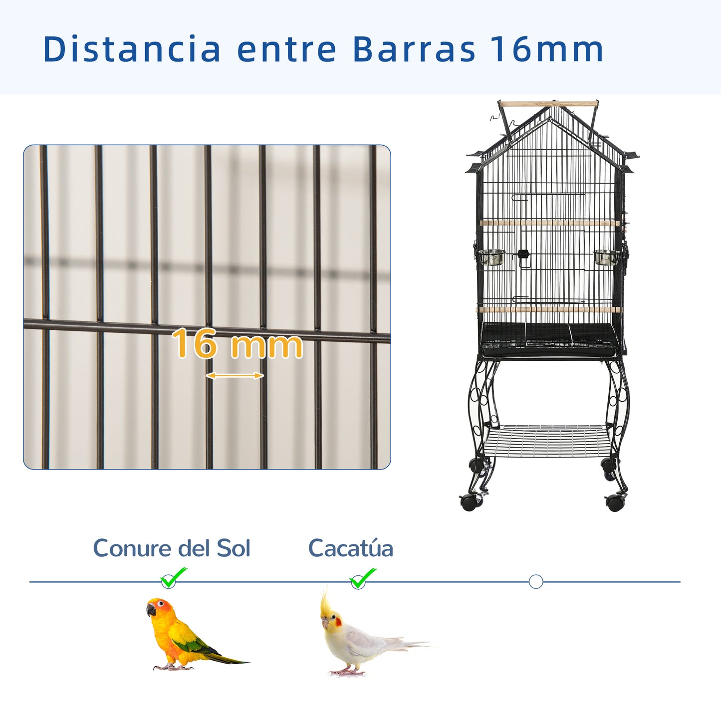 Pawhut Jaula Para Pájaros 50x58x145 Cm Con 3 Puertas 2 Comederos 3 Perchas_5