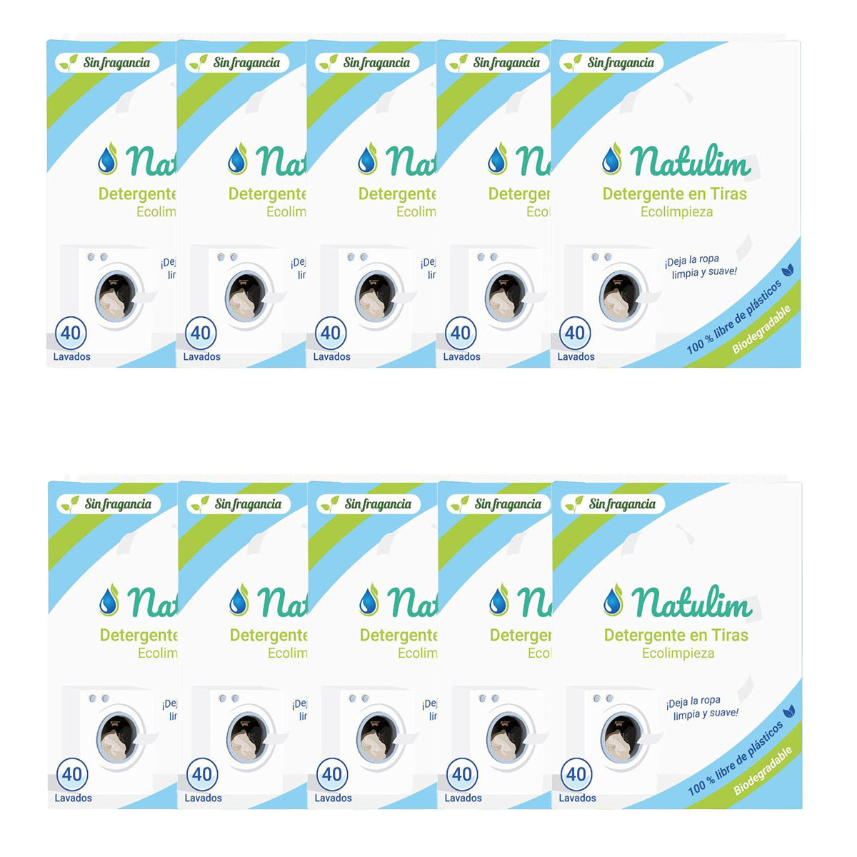Pack 10x Eco Tiras de Lavar sin fragancia, Natulim, 40 lavados
