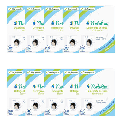 Pack 10x Eco Tiras de Lavar sin fragancia, Natulim, 40 lavados