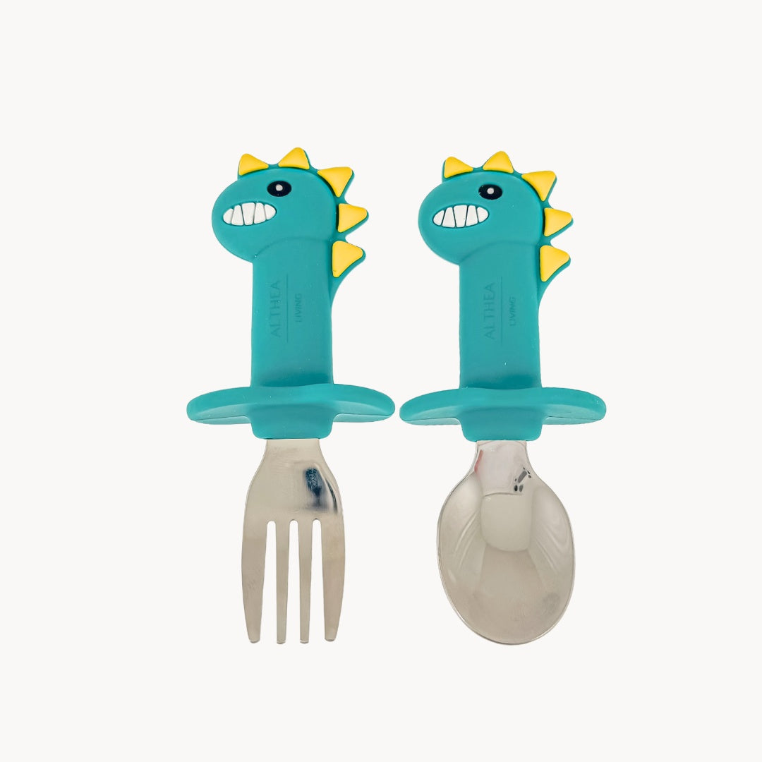 Juego De Cubiertos Ergonómicos Para Bebé Con Forma De Dinosaurio · Set 2 Piezas Althea Living Verde_0