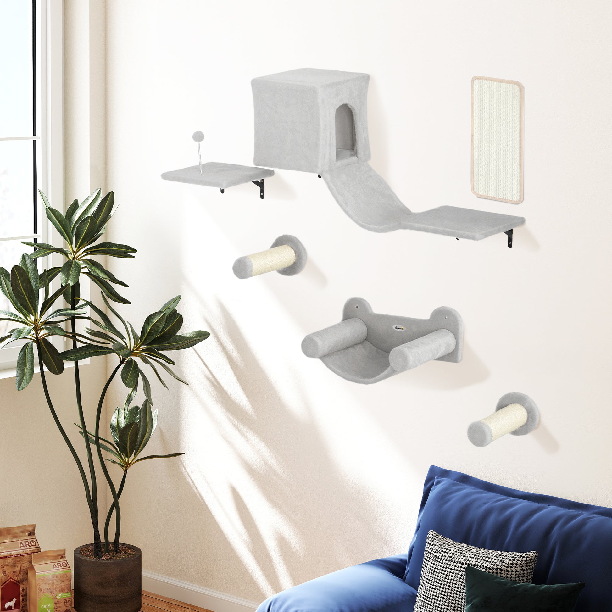 Pawhut Juego De Pared De Escalada Para Gatos 6 Piezas Con Condominio Plataforma_3