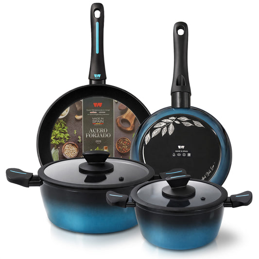 Briebe Batería Cocina Inducción Acero Forjado 6 Piezas Antiadherente Sin Pfoa, Fabricada En España, Mare, Azul_0