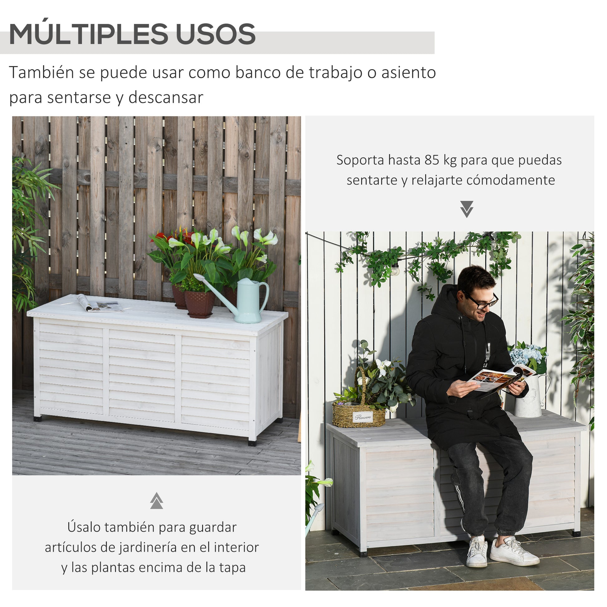 Outsunny Baúl De Madera Exterior Con Tapa Abrible Y Diseño Persiana 127x56x60 Cm_5