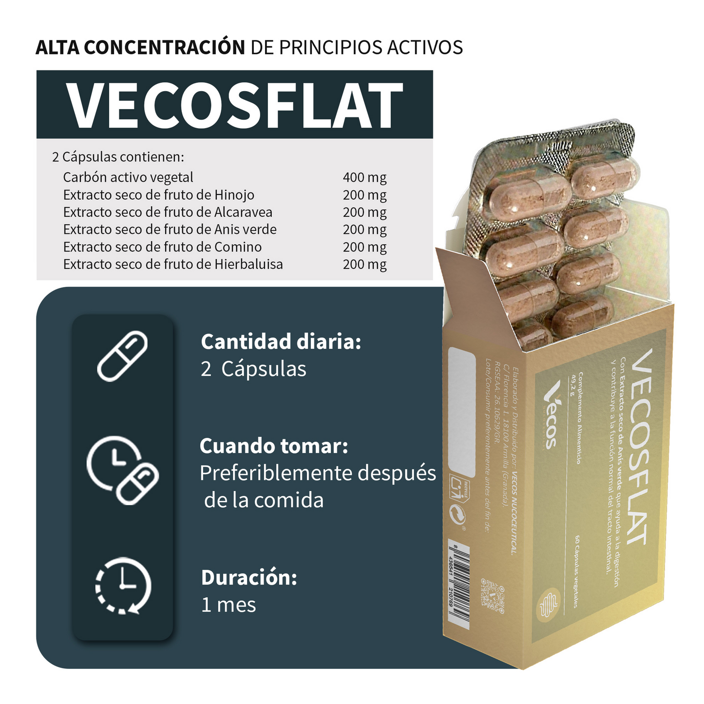 Vecosflat Vecos 60 Cápsulas | Digestión, Gases E Hinchazón | Carbón Activo Y Plantas Digestivas_2