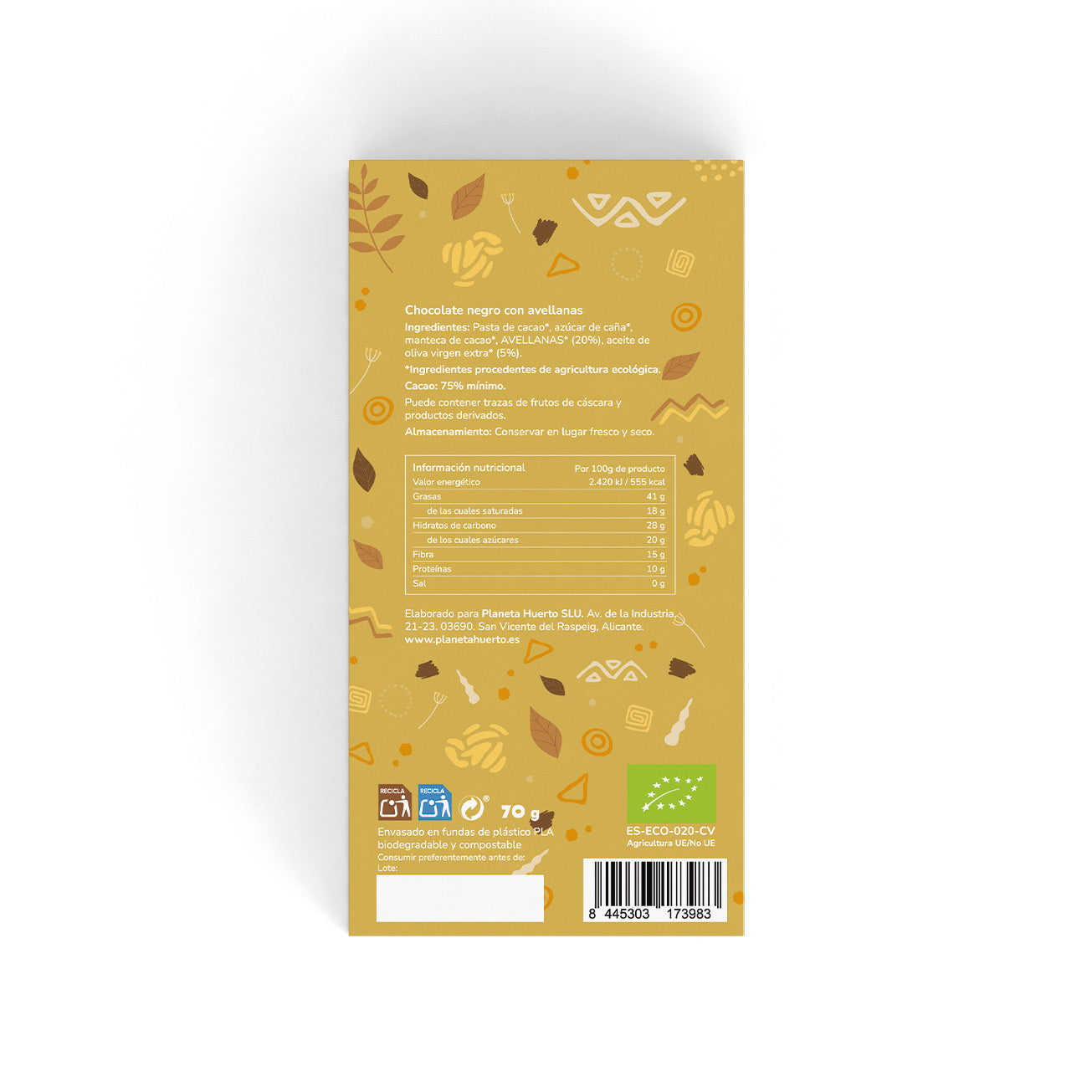 Tableta chocolate negro 75% con avellanas ECO Planeta Huerto 70 gr