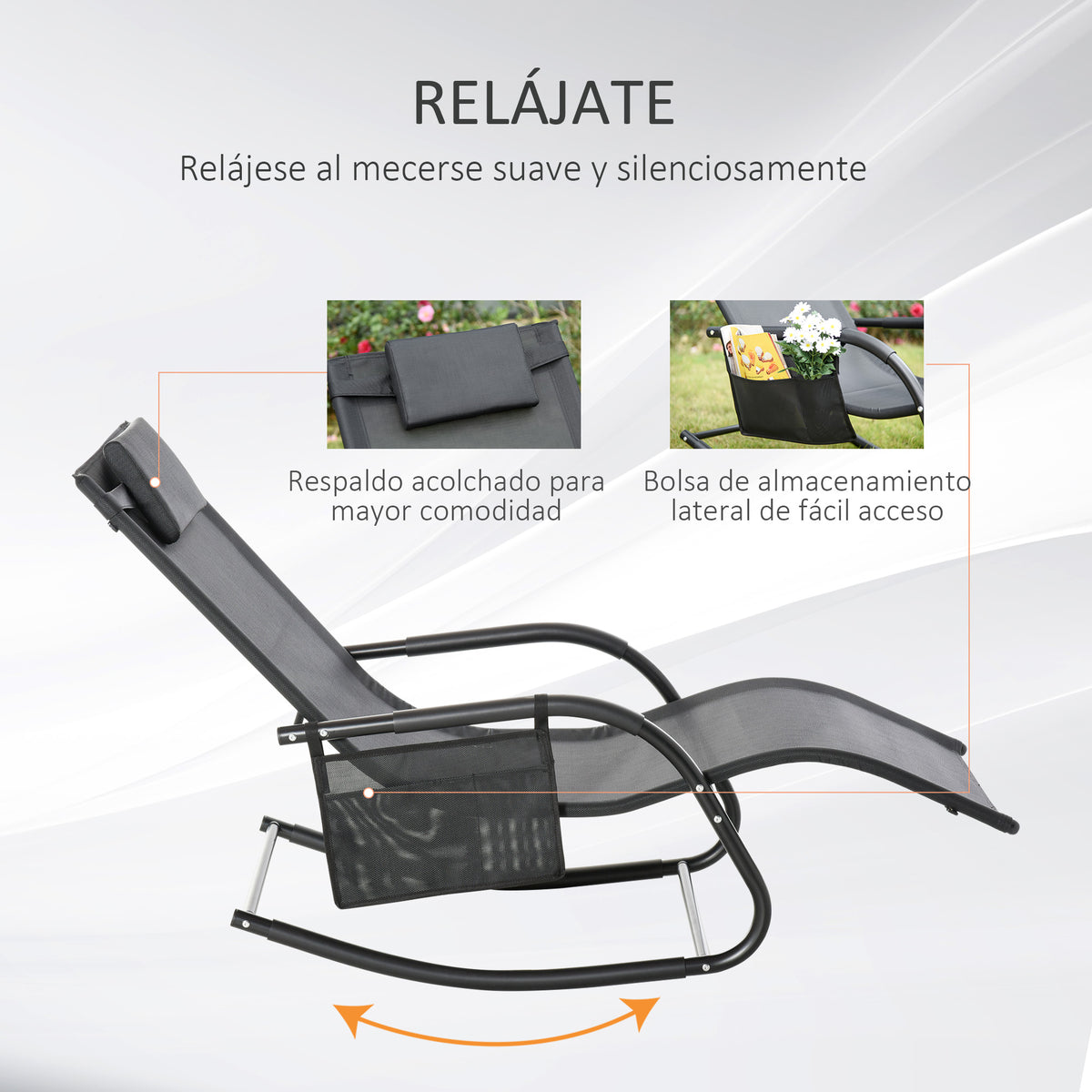 Mecedora De Exterior Outsunny Metal, Texteline Negro 150x62x88 Cm_5