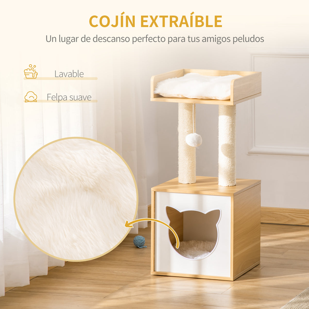 Pawhut Árbol Para Gatos Con Cueva Cama Postes Rascadores Y Cojines 35x35x81 Cm_4
