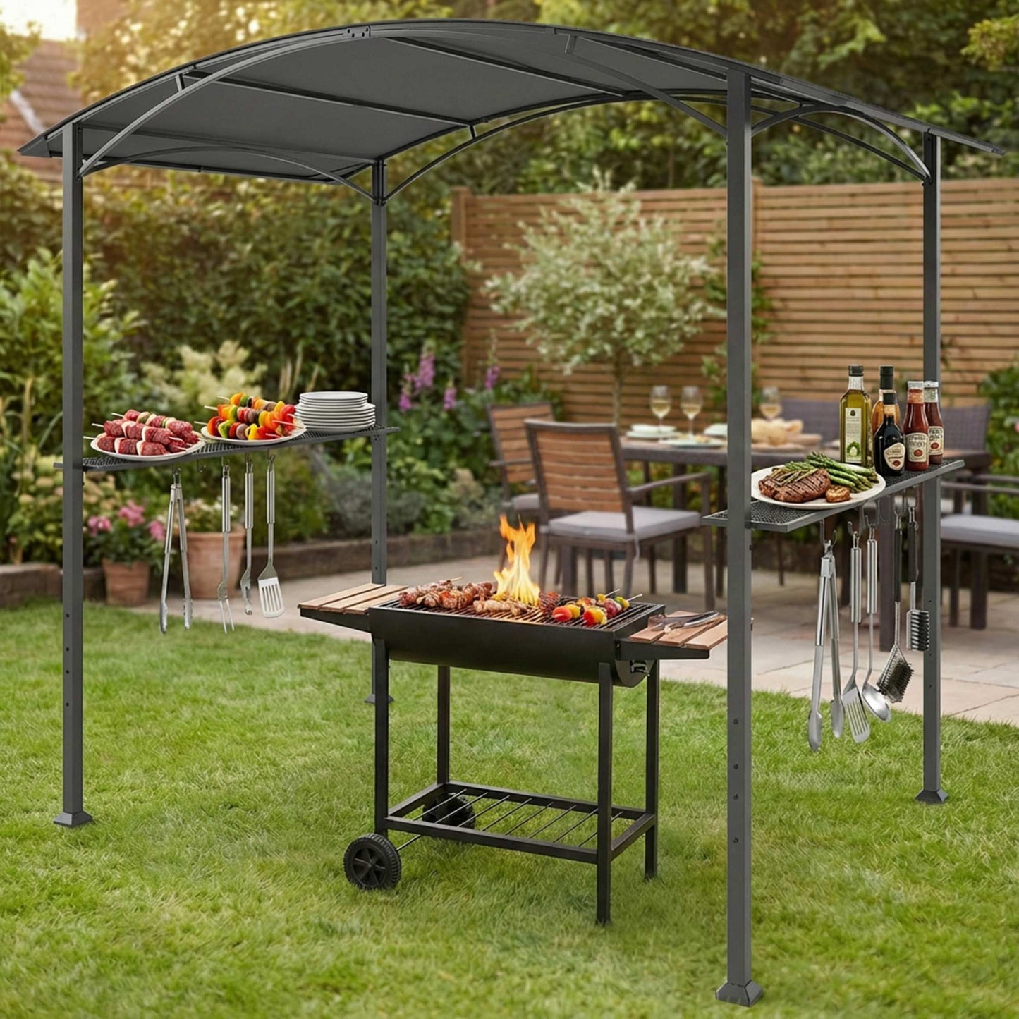 Outsunny Carpa Barbacoa 2,4 X 1,5 M Con 2 Estantes Ganchos Y Estructura De Acero_3