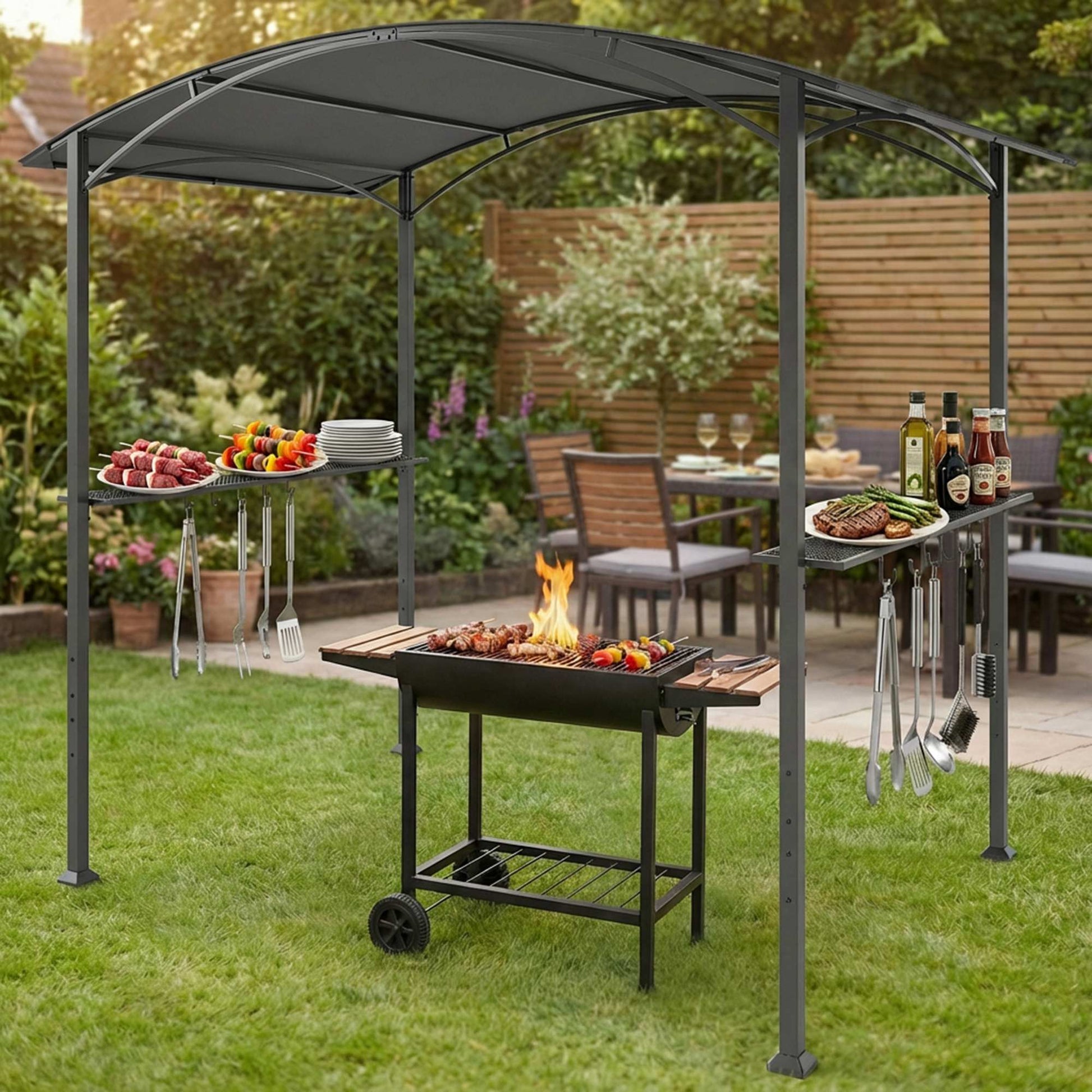 Outsunny Carpa Barbacoa 2,4 X 1,5 M Con 2 Estantes Ganchos Y Estructura De Acero_3