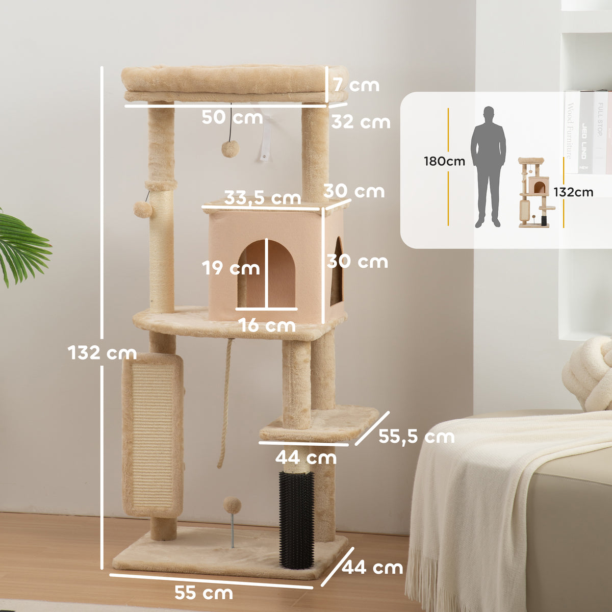 Pawhut Árbol Rascador Para Gatos Grande Altura 132 Cm Beige_2