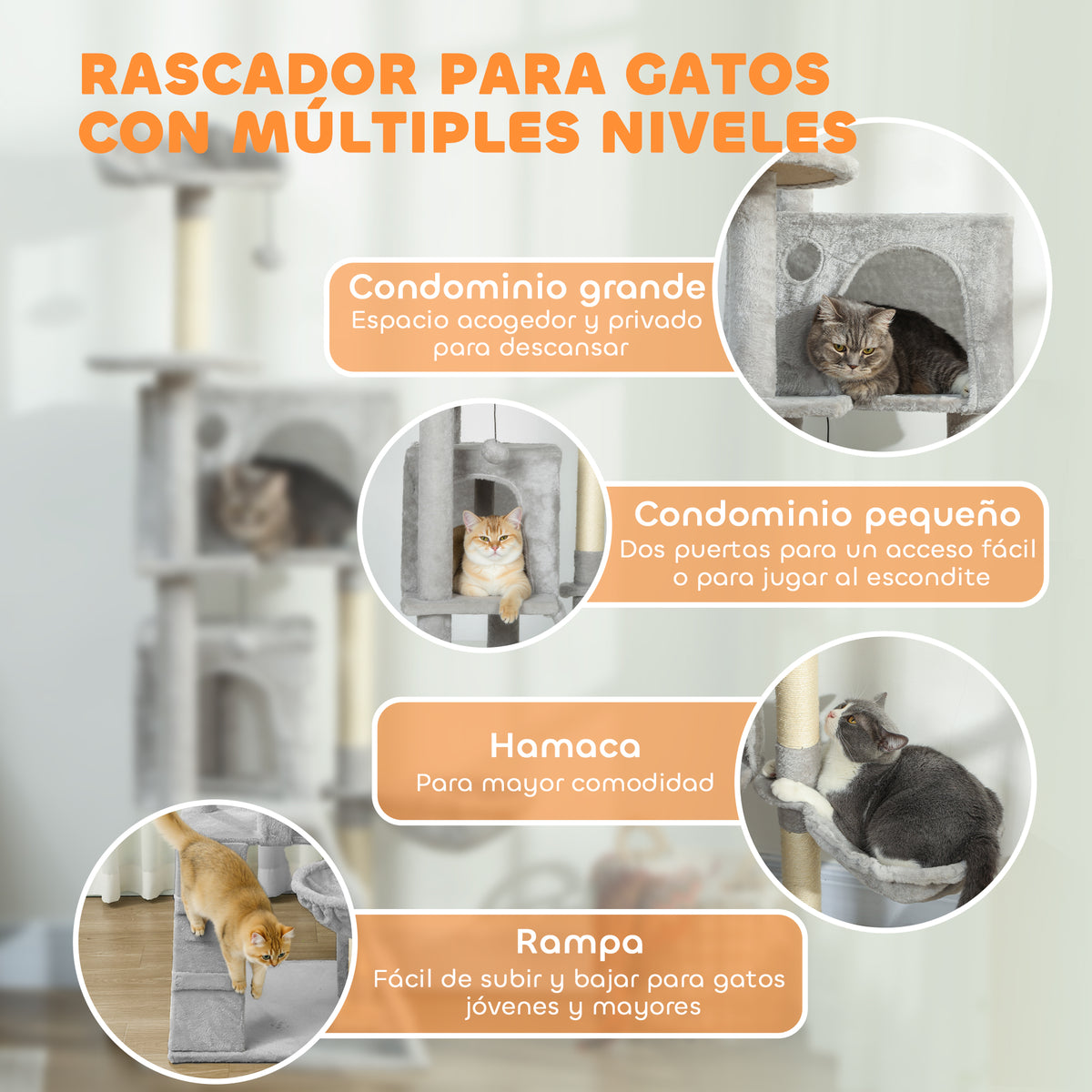 Pawhut Árbol Rascador Para Gatos 160 Cm Con Múltiples Plataformas Gris Claro_3