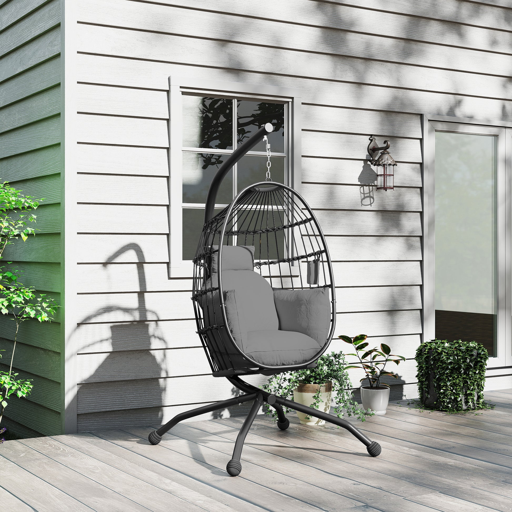 Outsunny Silla Colgante Huevo Con Soporte Cesta Plegable Cojín Carga 120kg Negro_3