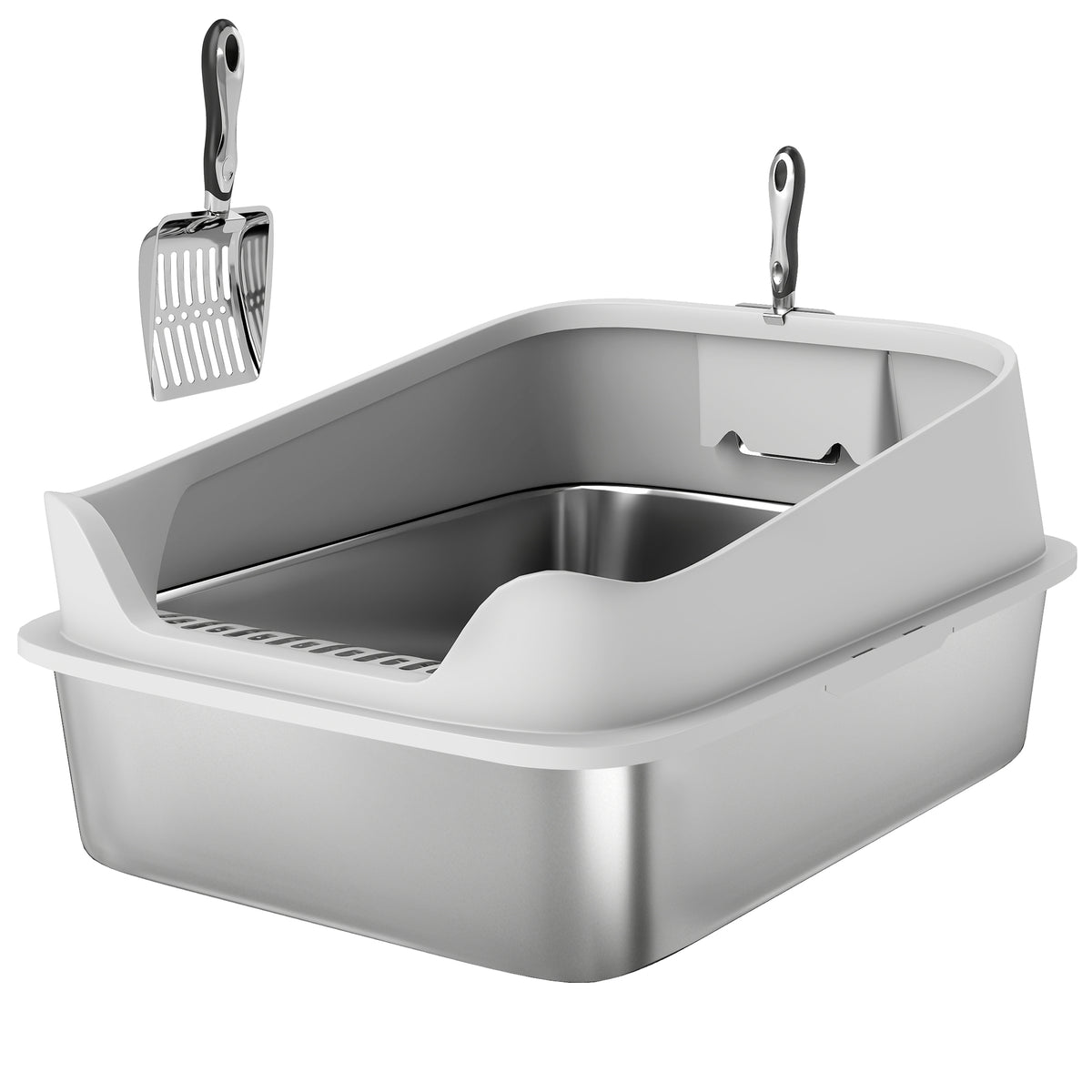 Pawhut Arenero Para Gatos De Acero Inoxidable Xxl Con Borde Alto 70x50x30cm Gris_0