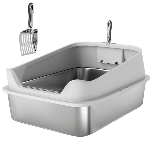 Pawhut Arenero Para Gatos De Acero Inoxidable Xxl Con Borde Alto 70x50x30cm Gris_0