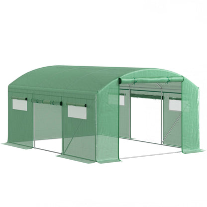Outsunny Invernadero De Túnel 4x3x2 M Con 6 Ventanas 3 Puertas Enrollables Verde_0